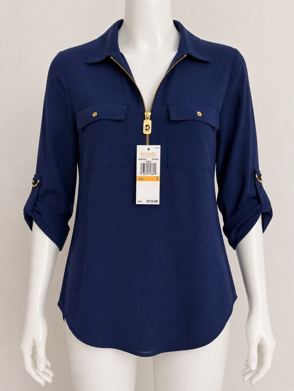 Michael Kors Deep Navy Gold-Zip Blouse